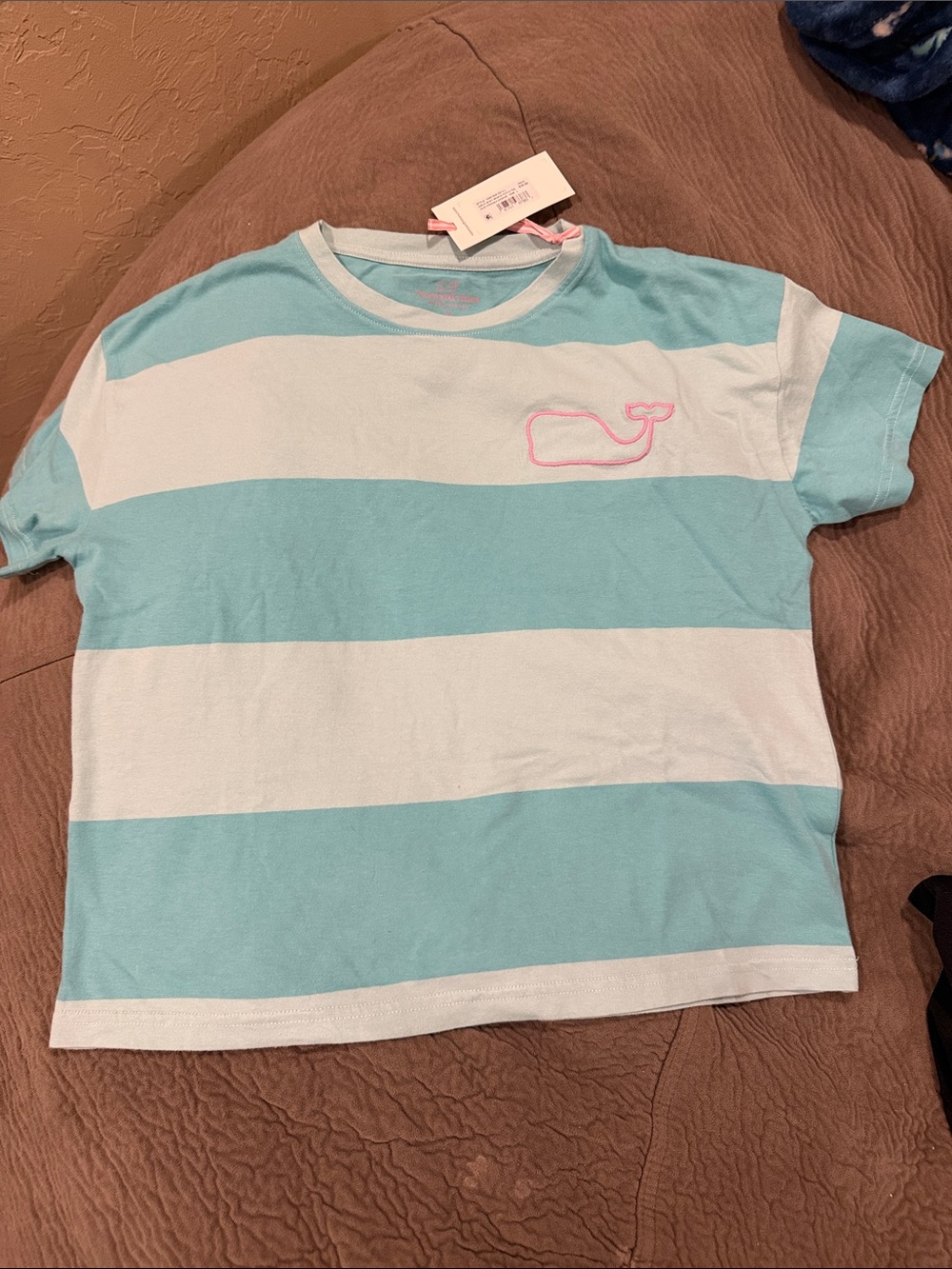 Vineyard Vines Girls Aqua & White Striped Whale Tee